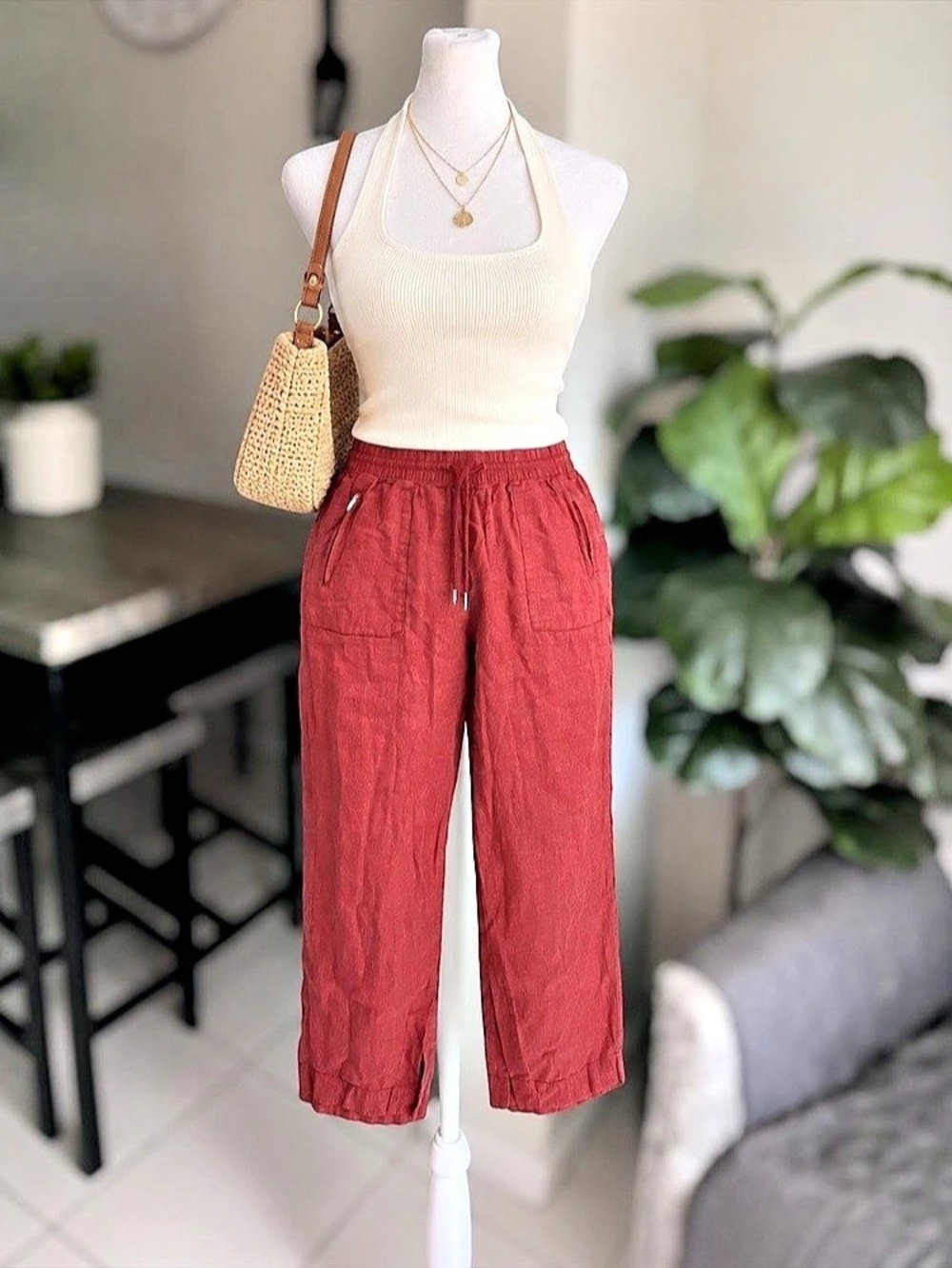 Athleta Size 18 100% Linen Cropped Pull-On Drawstring Pants